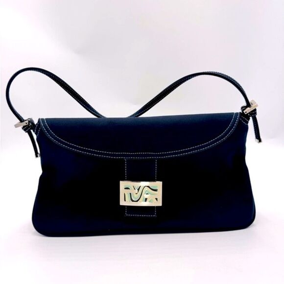 Fendi Mama Double Flap Navy Blue Canvas Limited Edition Baguette Preloved Purse - Picture 8 of 16
